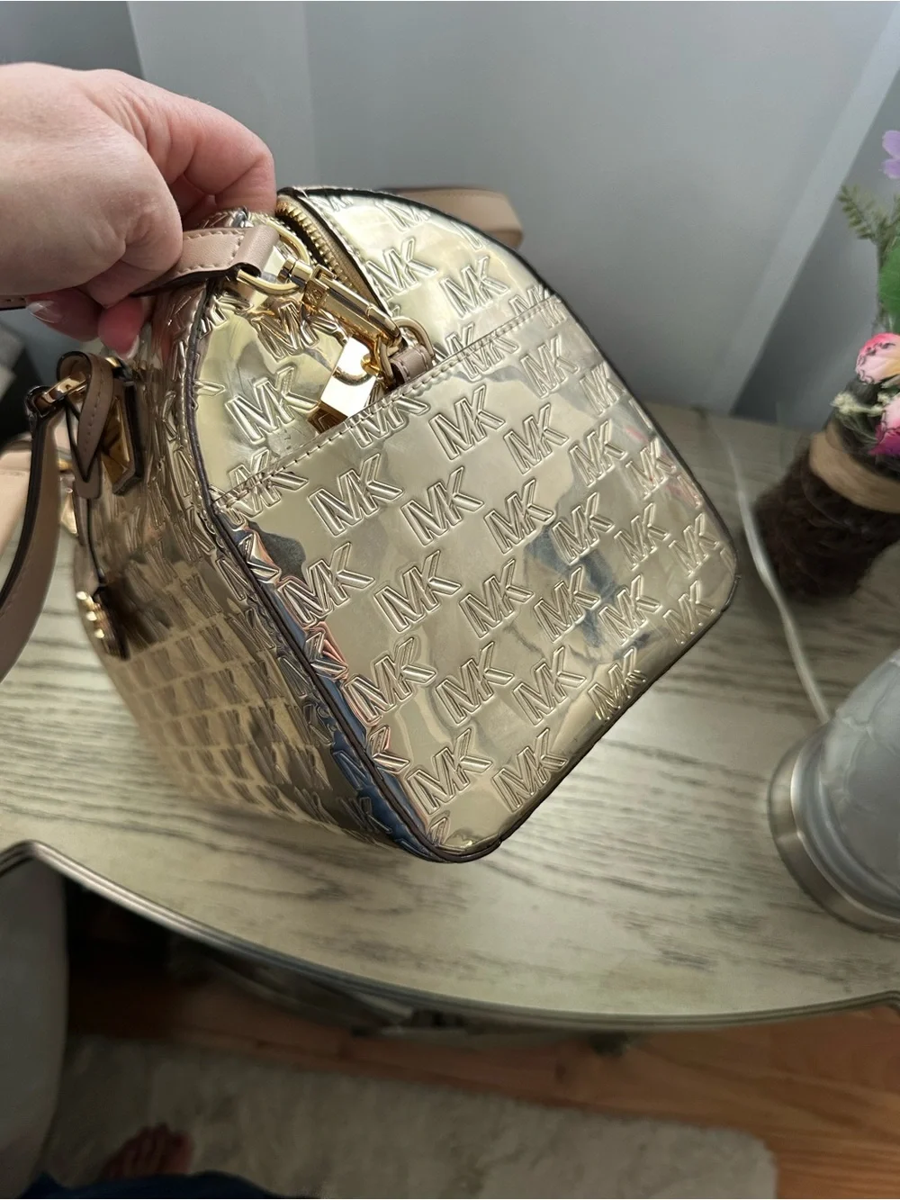 Michael Kors Gold Logo Satchel with Nude Trim